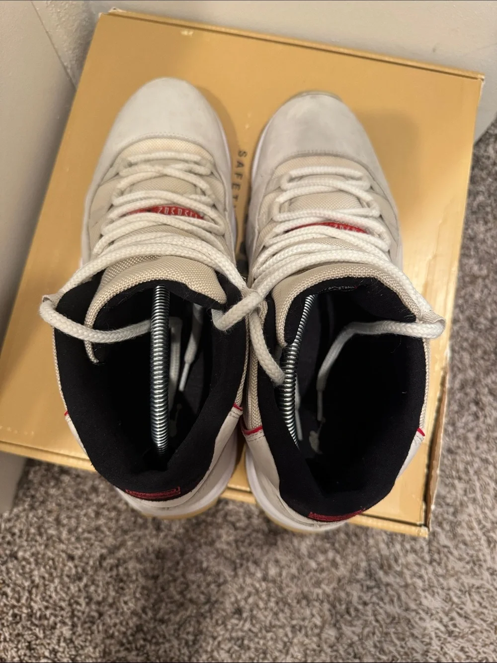 Jordan 11 Men's High-Top Sneakers in Off-White, Gum & Red Accents